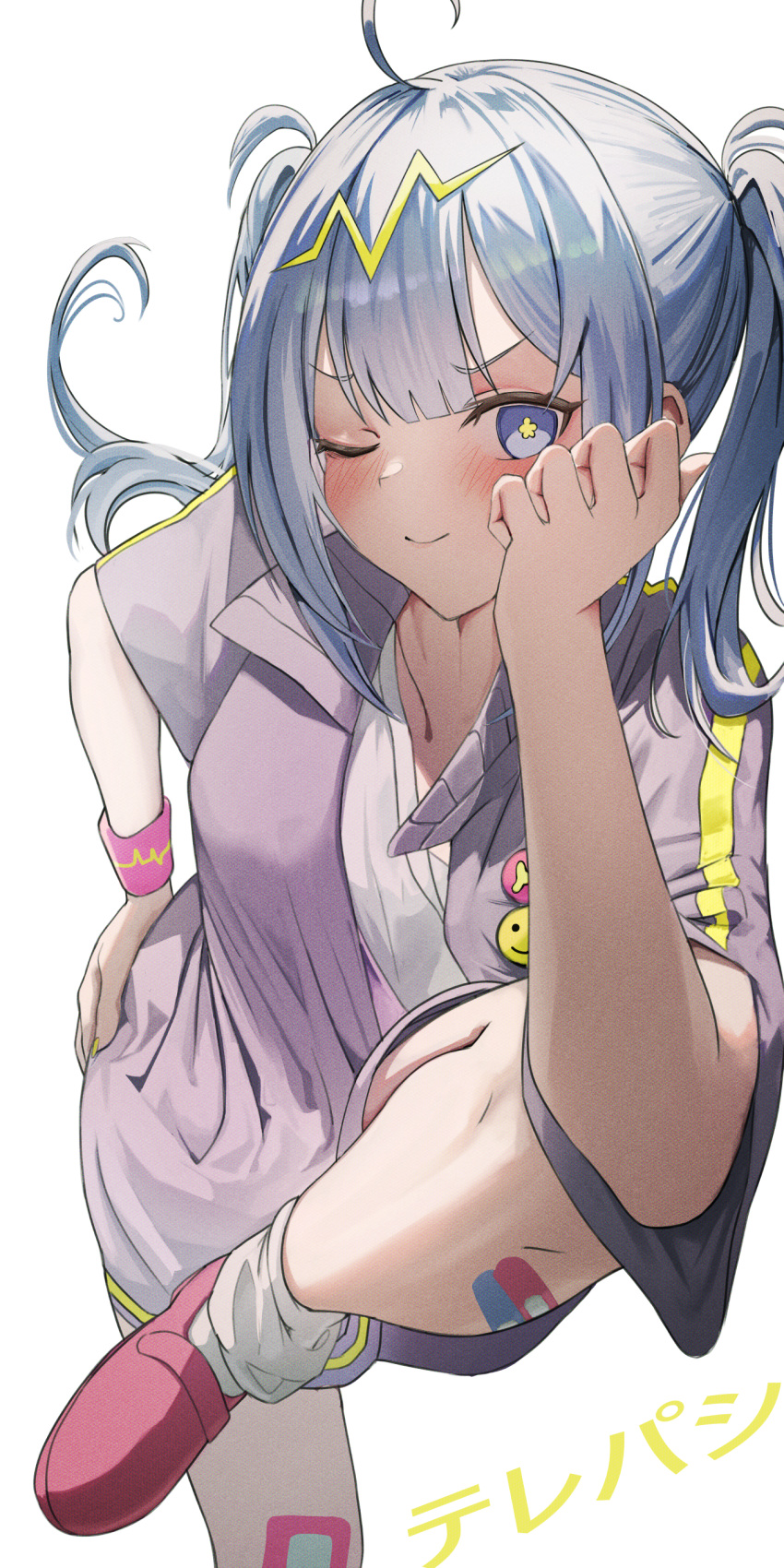 1girl, absurdres, ahoge, aqua_eyes, aqua_hair, bandaid, bandaid_on_leg, blush