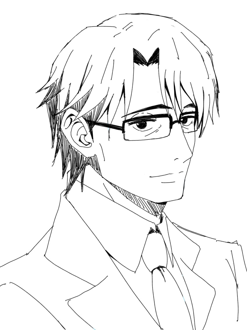 1boy, business_suit, closed_mouth, glasses, greyscale, highres, hoshii_mikage, idolmaster