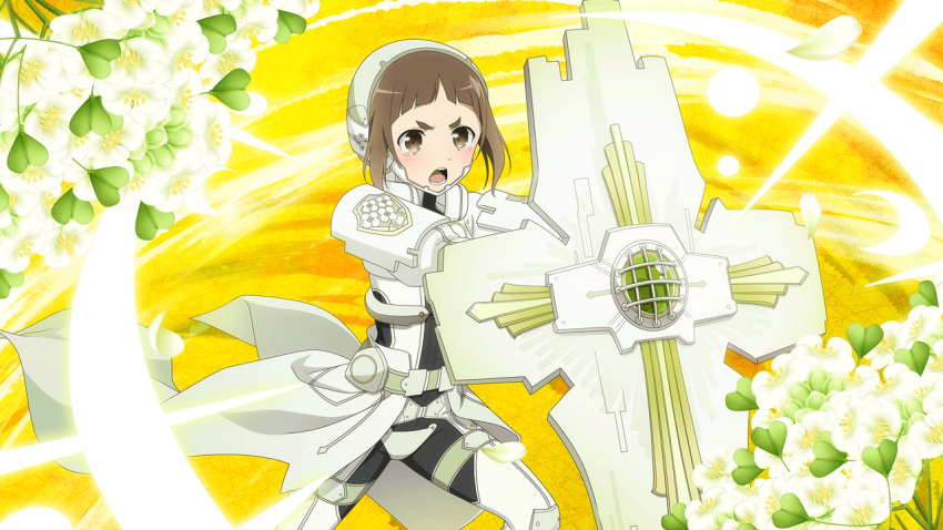 armored_bodysuit, artist_request, brown_eyes, brown_hair, check_artist, flower, helmet, holding, holding_shield, kagajou_suzume, leaf, light_blush, official_art, petals, sentinel_(yuusha_de_aru), shield, white_flower, yuusha_de_aru