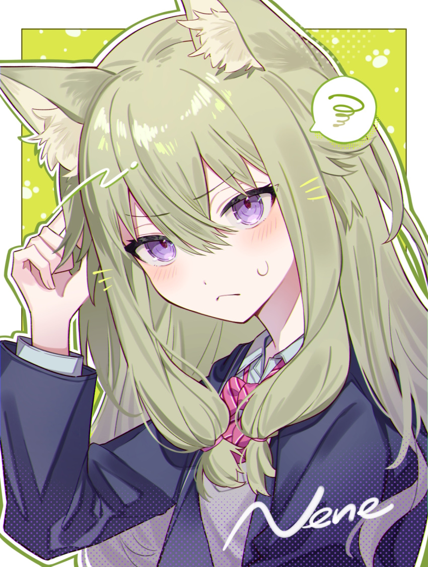 1girl, animal_ears, blazer, blush, border, bow, bowtie, cat_ears