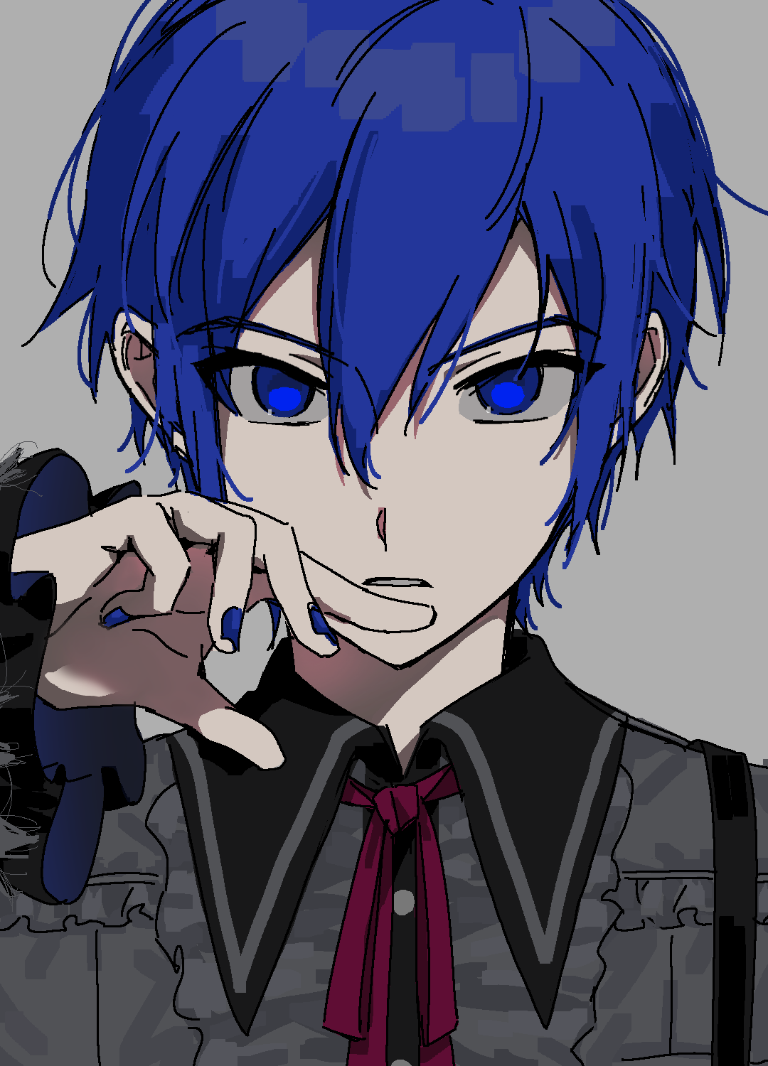 1boy, 25-ji_kaito, blue_eyes, blue_hair, blue_nails, collared_shirt, commentary_request, double-parted_bangs