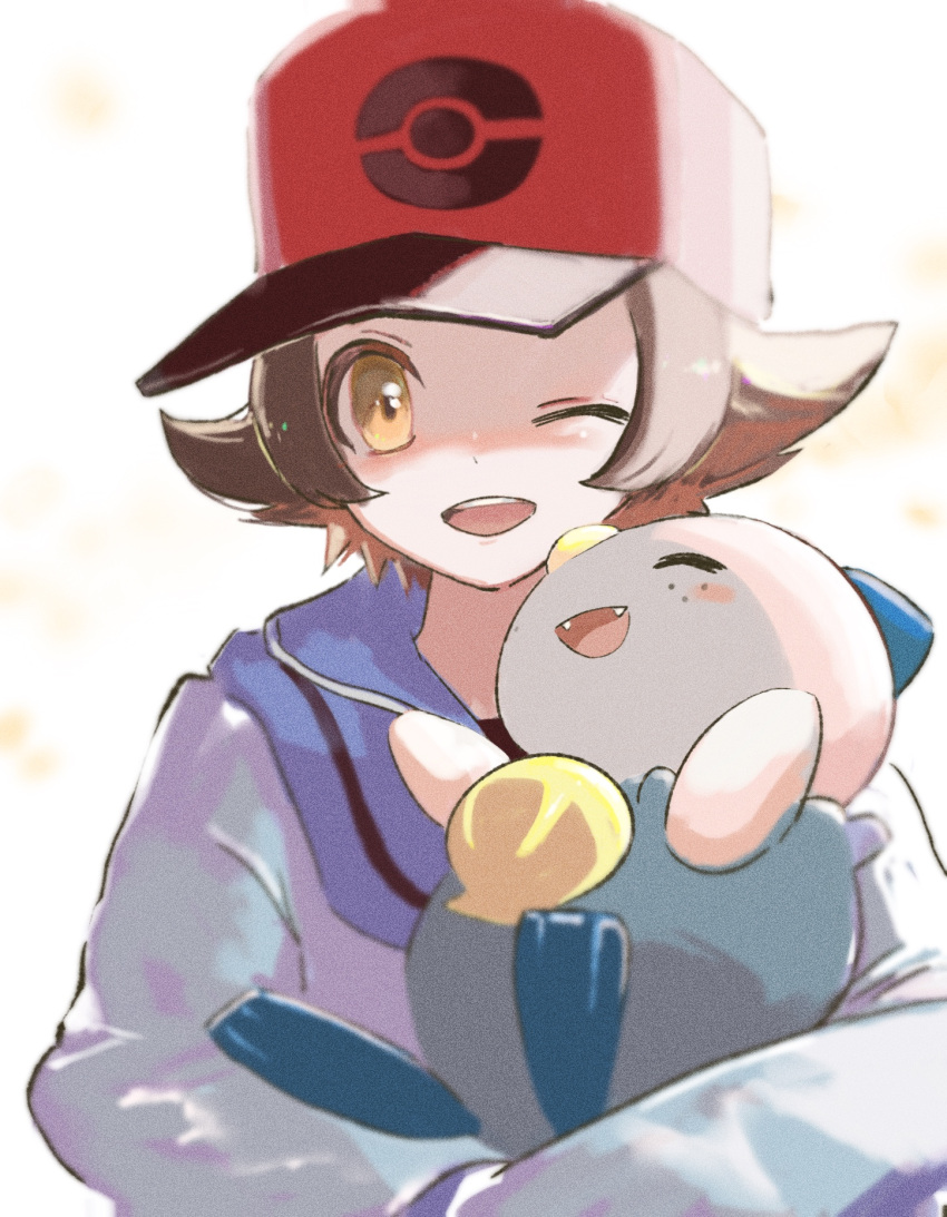 1boy, baseball_cap, blue_jacket, brown_eyes, brown_hair, closed_eyes, commentary_request, fangs