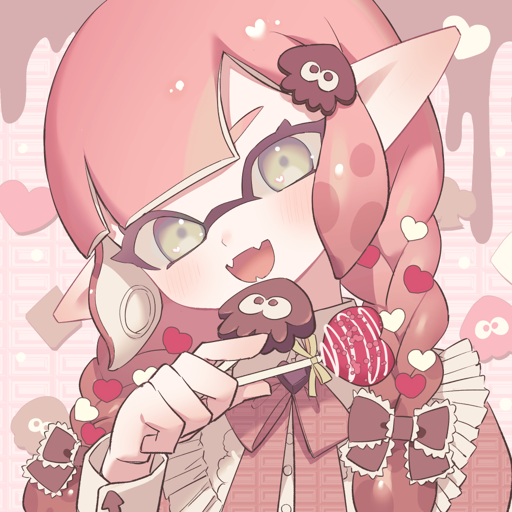 1girl, bow, bowtie, braid, brown_bow, candy, chocolate, collared_dress