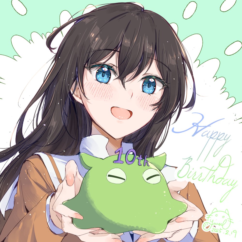 1girl, :d, artist_name, black_hair, dated, happy_birthday, holding, long_hair