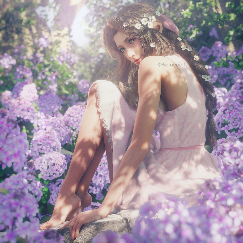 1girl, 3d, absurdres, aerith_gainsborough, bare_shoulders, barefoot, braid, braided_ponytail