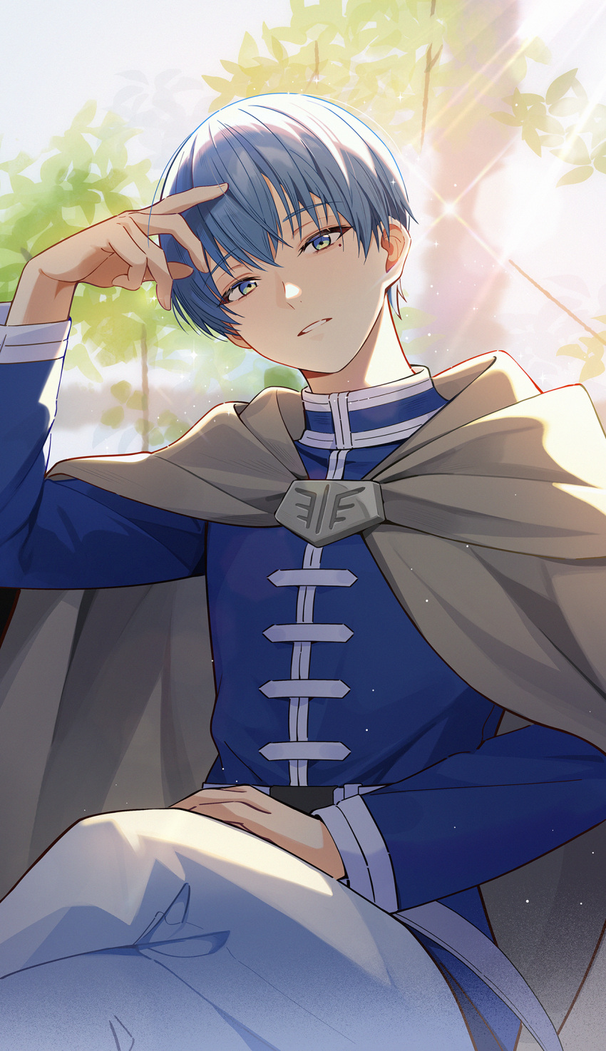 1boy, blue_eyes, blue_hair, blue_jacket, crossed_legs, highres, himmel_(sousou_no_frieren), jacket