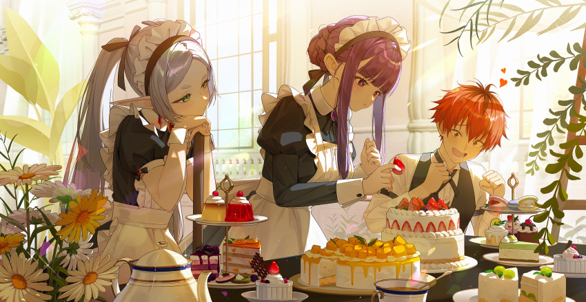1boy, 2girls, alternate_costume, apron, black_dress, black_hair, black_vest, bun_with_braided_base