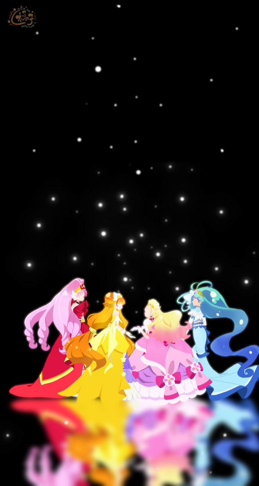 4girls, absurdly_long_hair, absurdres, akagi_towa, amanogawa_kirara, aqua_hair, beads, black_background