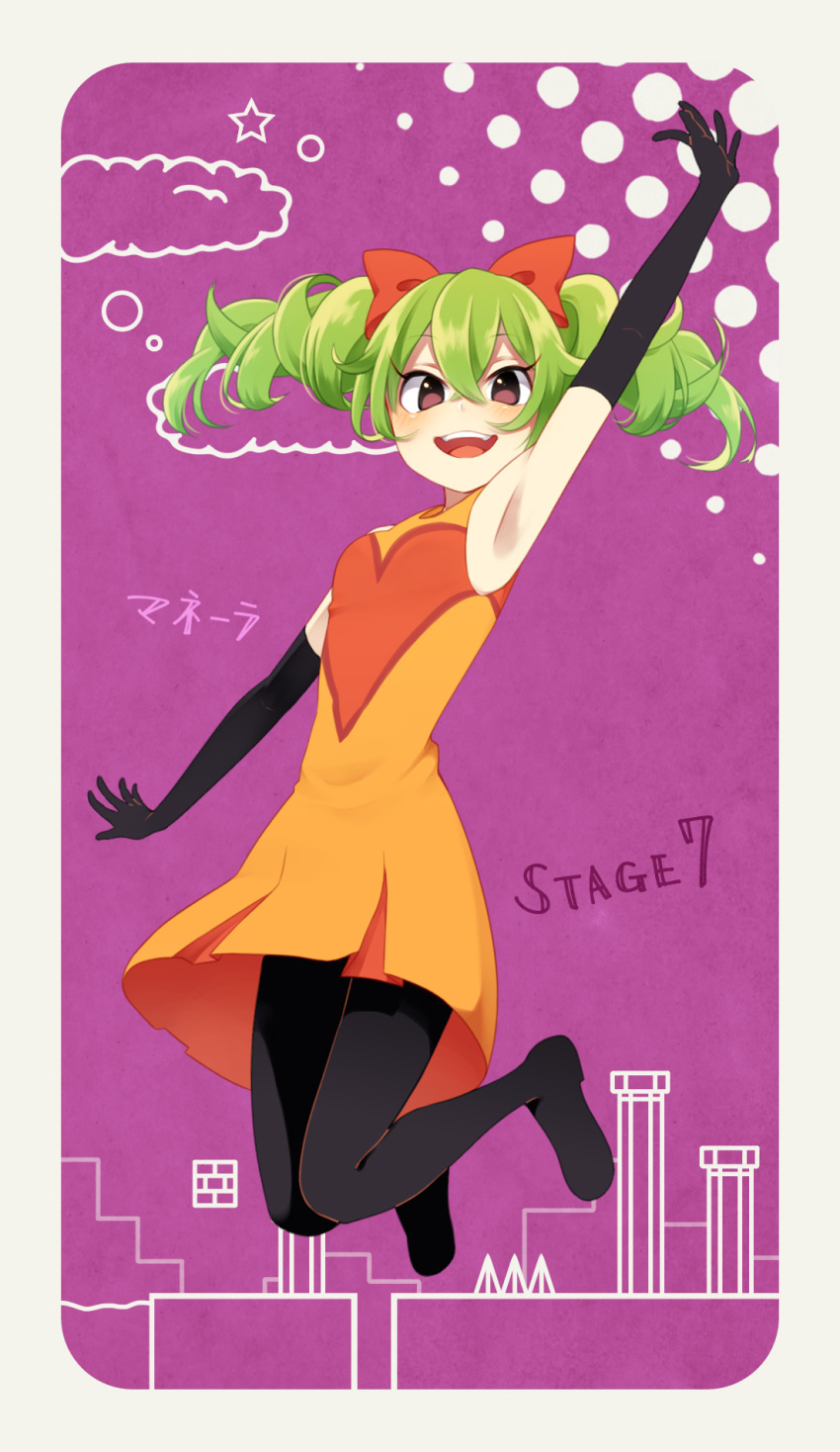 1girl, animification, dress, drill_hair, full_body, gloves, green_hair, highres