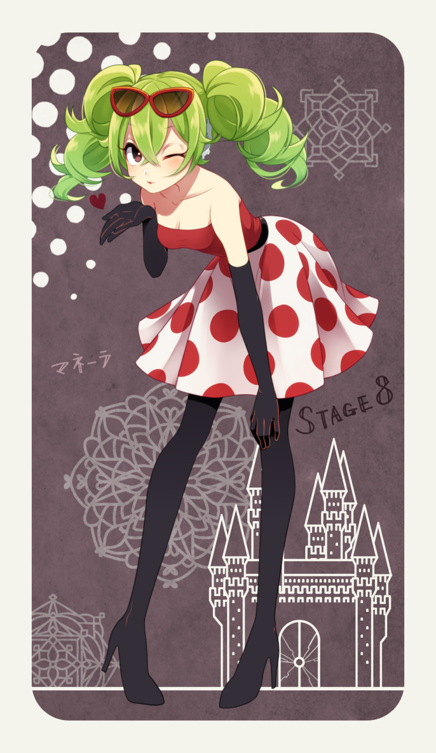 1girl, animification, dress, drill_hair, full_body, gloves, green_hair, highres