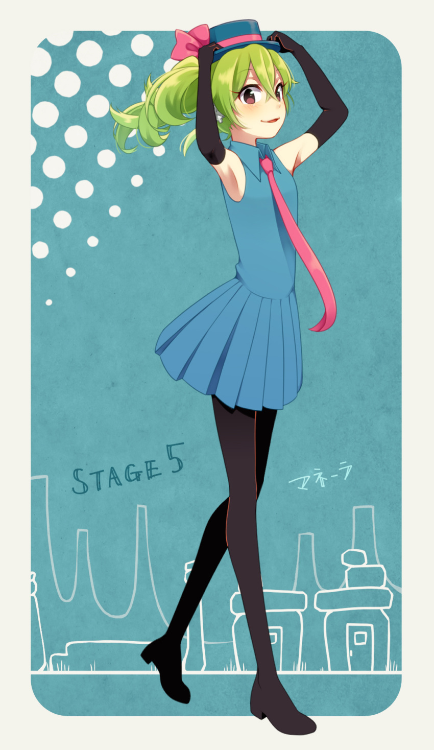1girl, animification, dress, drill_hair, full_body, gloves, green_hair, hat