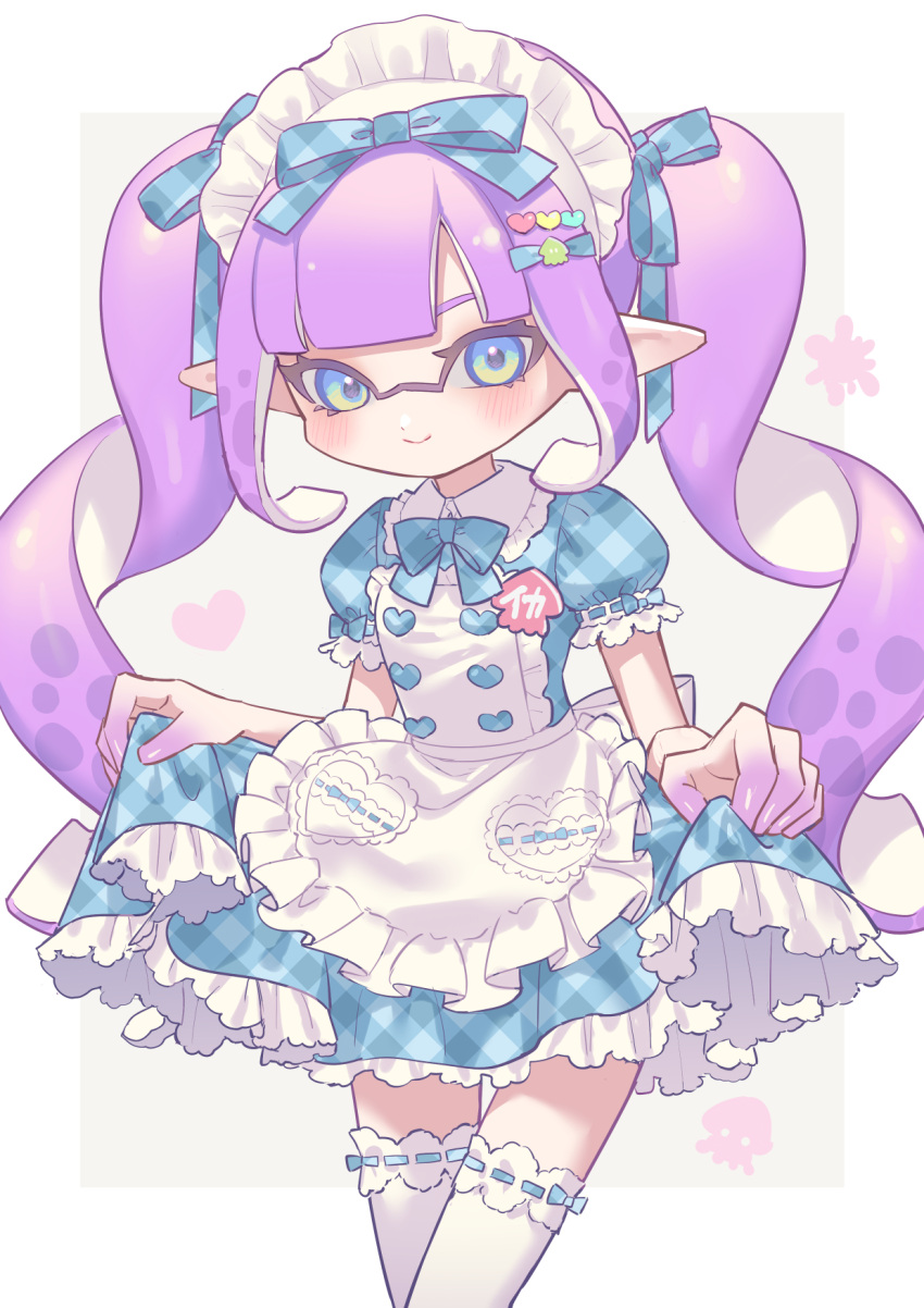 1girl, apron, blue_bow, blue_bowtie, blue_dress, blue_eyes, bow, bowtie