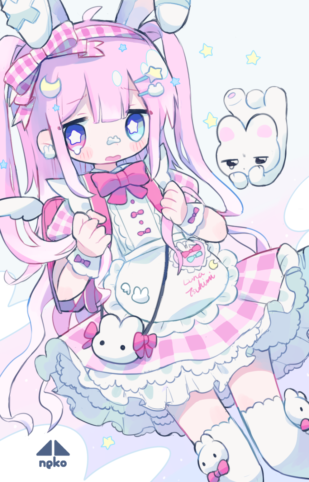 1girl, ahoge, animal_ears, apron, backpack, bag, blue_eyes, blush_stickers, bow, bowtie, commentary_request, commission, cotono_(nazekun), cowboy_shot, crescent, crescent_hair_ornament, dress, dutch_angle, earrings, hair_bow, hair_ornament, hairband, heart, heterochromia, highres, jewelry, lace-trimmed_apron, lace_trim, long_hair, maid_apron, open_mouth, original, petticoat, pink_bag, pink_bow, pink_bowtie, pink_dress, pink_eyes, pink_hair, pink_hairband, plaid_bow, plaid_hairband, puffy_short_sleeves, puffy_sleeves, rabbit_earrings, rabbit_ears, rabbit_girl, rabbit_hair_ornament, randoseru, short_dress, short_sleeves, skeb_commission, solo, star-shaped_pupils, star_(symbol), star_hair_ornament, symbol-shaped_pupils, teardrop, thigh-highs, two_side_up, white_apron, white_rabbit_(animal), white_thighhighs, wrist_cuffs, yume_kawaii
