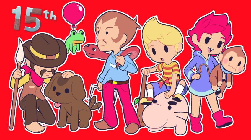 1girl, 3boys, absurdres, blonde_hair, boney, claus_(mother_3), duster_(mother), flint_(mother_3)