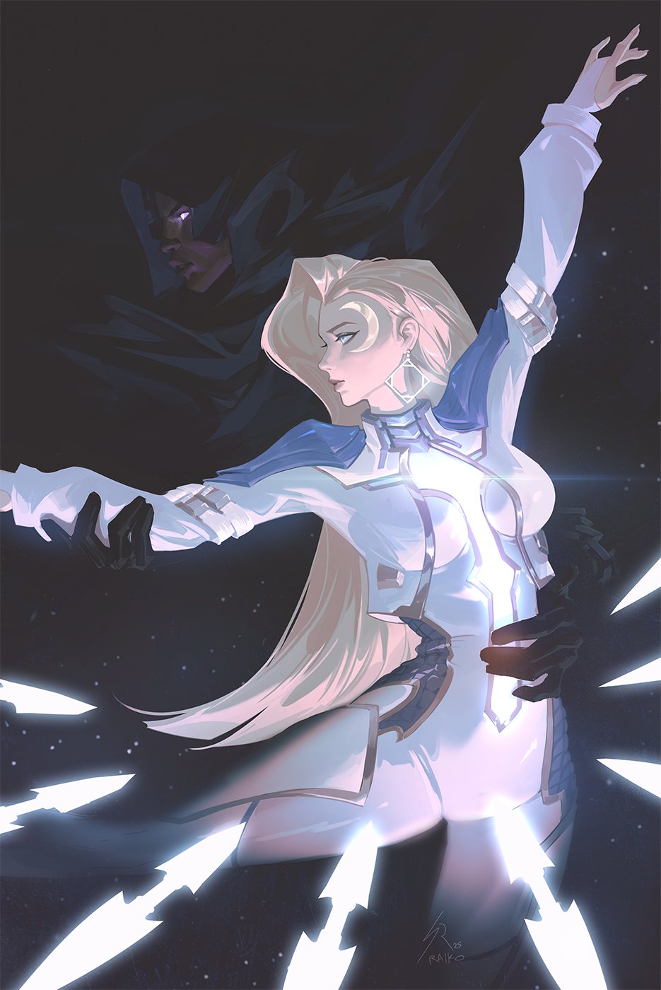 1boy, 1girl, arm_up, blonde_hair, bodysuit, breasts, cloak, cloak_(marvel)