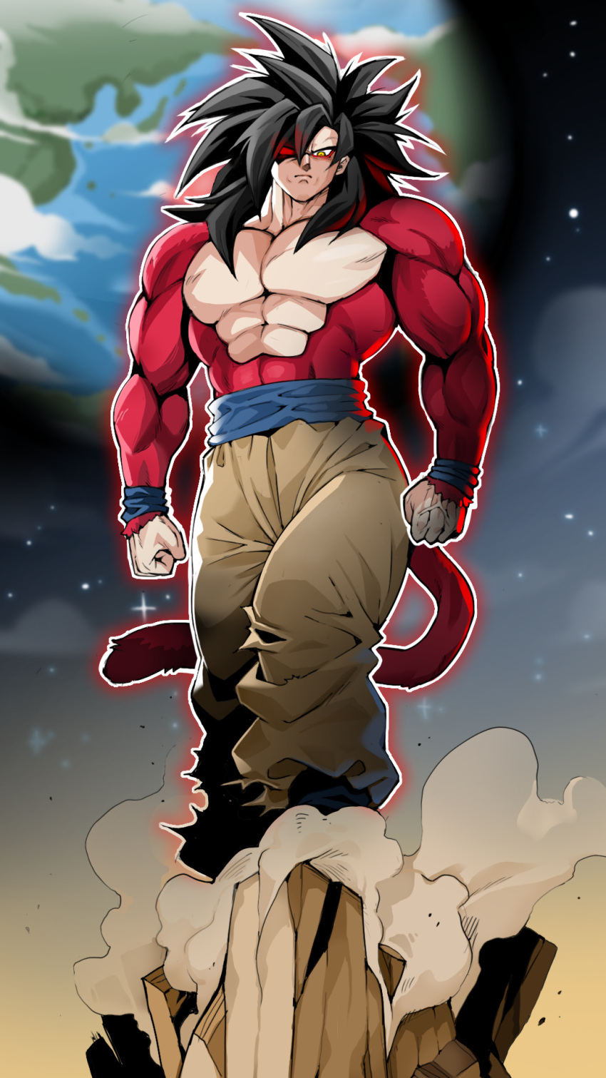 1boy, abs, black_hair, blue_sash, clenched_hand, collarbone, dragon_ball, dragon_ball_gt