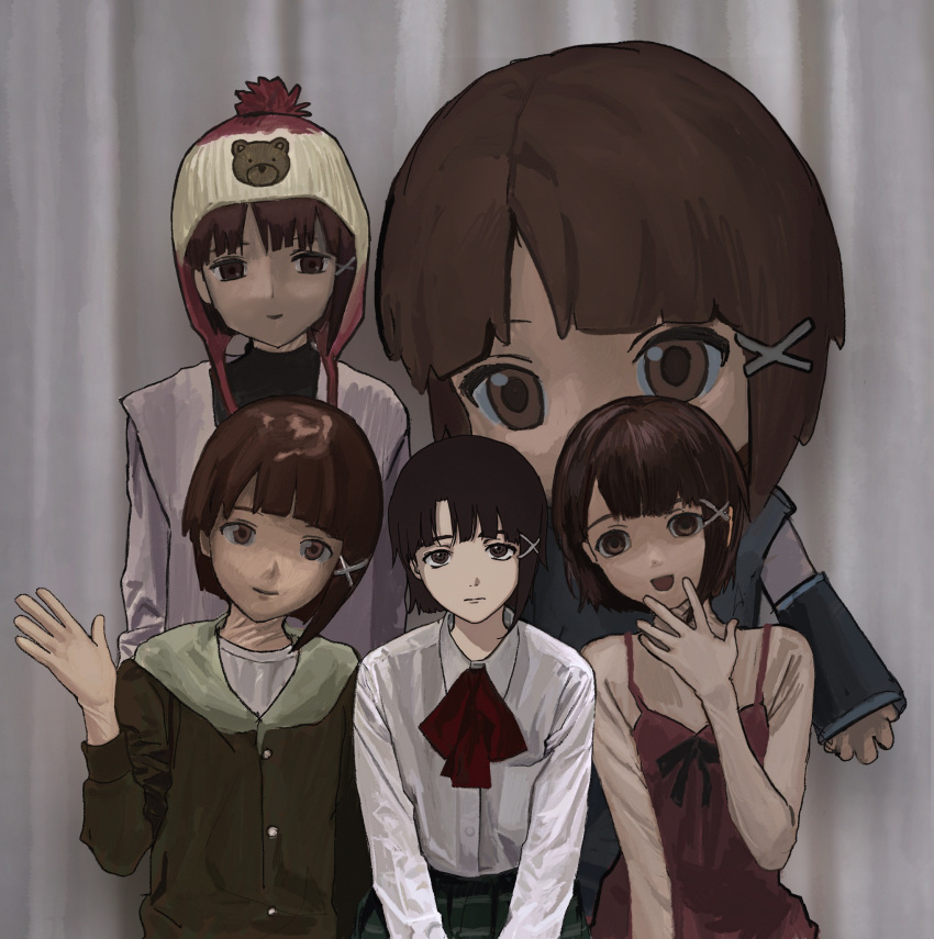 5girls, animal_costume, asymmetrical_hair, bear_costume, bingi, brown_eyes, brown_hair, closed_mouth, expressionless, hair_ornament, hairclip, highres, iwakura_lain, long_sleeves, looking_at_viewer, multiple_girls, multiple_persona, school_uniform, serial_experiments_lain, shirt, short_hair, simple_background, single_sidelock, sitting, upper_body, x_hair_ornament