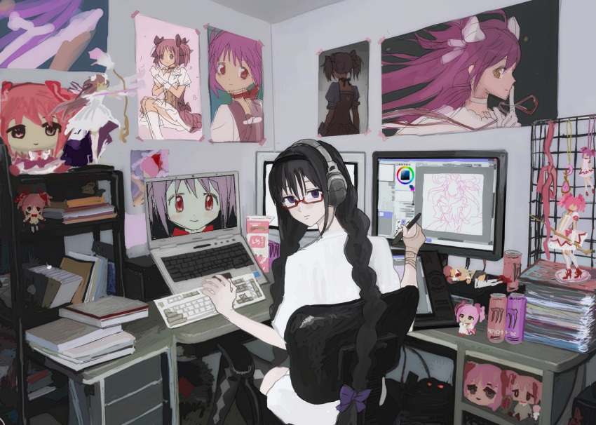 2girls, akemi_homura, bingi, black_hair, book, bookshelf, bow, braid