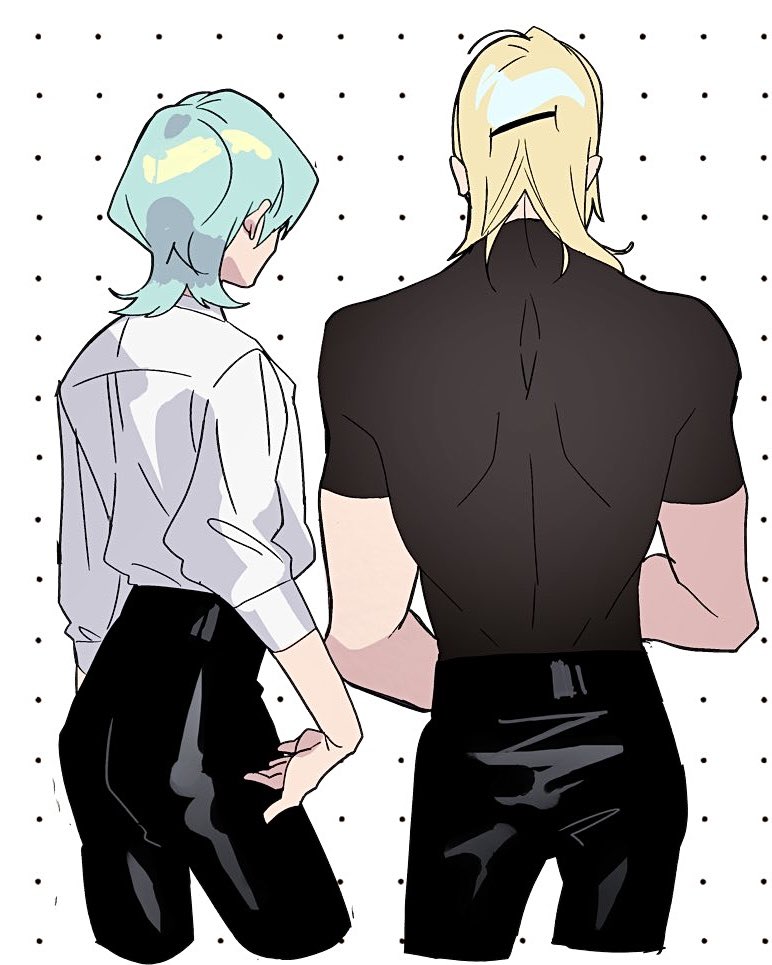 2boys, black_pants, black_shirt, blonde_hair, byleth_(fire_emblem), byleth_(male)_(enlightened)_(fire_emblem), byleth_(male)_(fire_emblem), commentary_request, cropped_legs, dimitri_alexandre_blaiddyd, dimitri_alexandre_blaiddyd_(post_timeskip), dotted_background, eyepatch, fire_emblem, fire_emblem:_three_houses, from_behind, green_hair, hair_behind_ear, male_focus, multiple_boys, pants, shirt, short_sleeves, shumatsu3210, side-by-side, sleeve_cuffs, t-shirt, white_shirt, wolf_cut