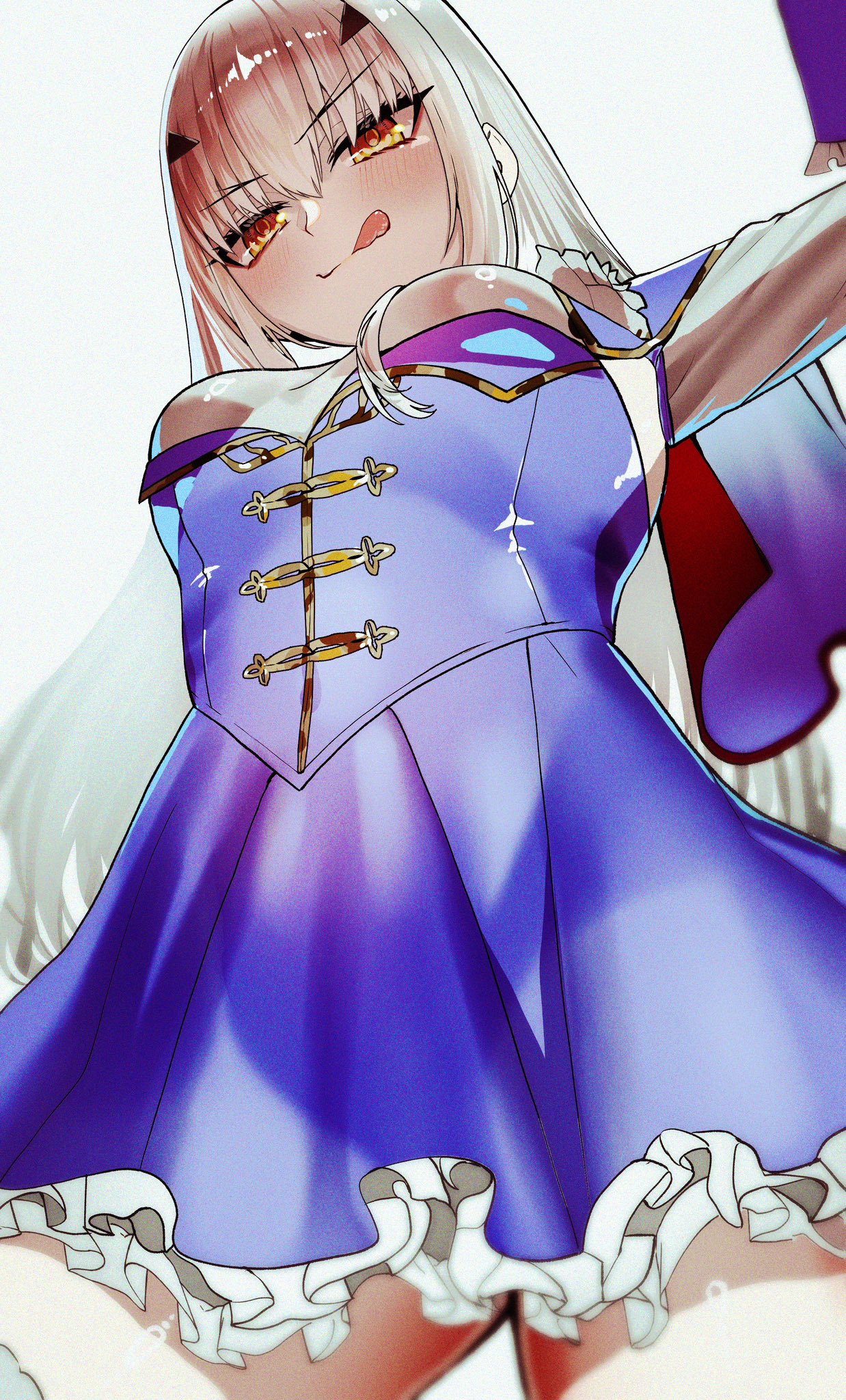 1girl, blue_dress, blue_skirt, blush, breasts, dress, fate/grand_order, fate_(series), highres, kabosoi_mangaka, long_hair, looking_at_viewer, melusine_(fate), melusine_(second_ascension)_(fate), orange_eyes, skirt, small_breasts, solo, tongue, tongue_out, white_hair