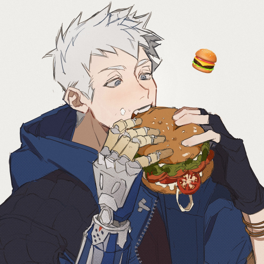 1boy, absurdres, black_gloves, black_shirt, blue_eyes, blue_jacket, burger, devil_may_cry_(series)