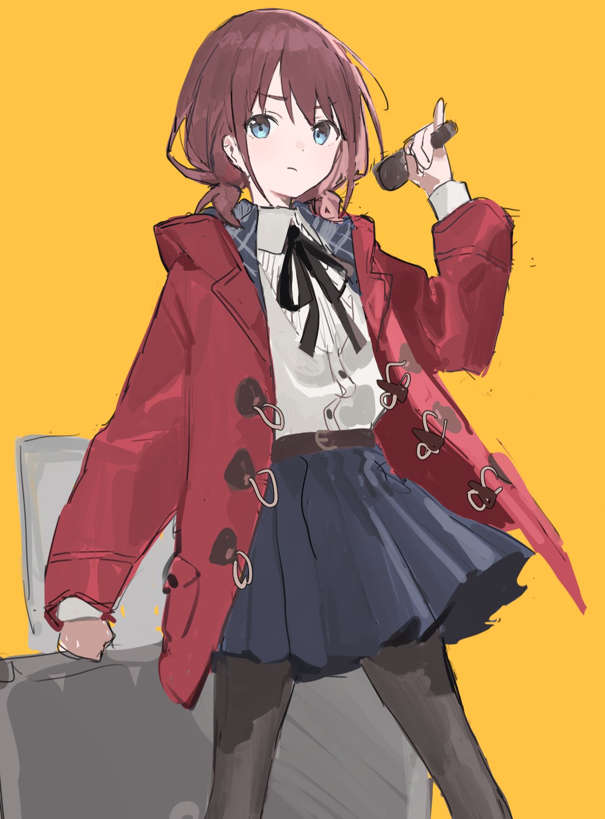 arm_at_side, belt, black_hair, black_pantyhose, blue_eyes, blue_skirt, brown_belt, brown_hair