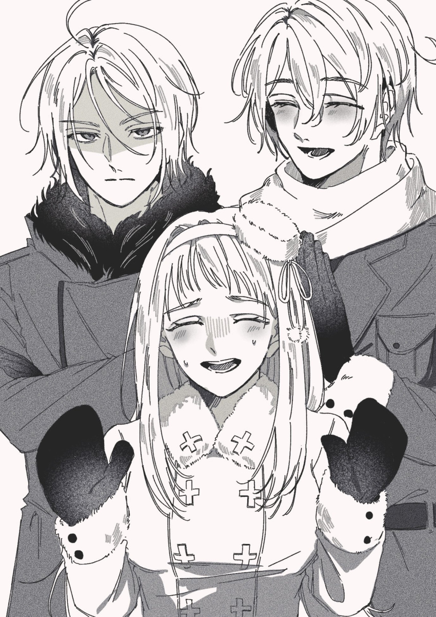 1girl, 2boys, axis_powers_hetalia, belarus_(hetalia), belarus_(male)_(hetalia), belt, blush, breast_pocket, breasts, brother_and_sister, brothers, closed_eyes, closed_mouth, coat, collared_coat, cowboy_shot, crossed_arms, fur-trimmed_sleeves, fur_trim, genderswap, genderswap_(ftm), genderswap_(mtf), gloves, greyscale, hair_between_eyes, hairband, hands_up, highres, lapels, long_hair, long_sleeves, looking_at_viewer, medium_breasts, monochrome, multiple_boys, nervous, nervous_smile, nervous_sweating, open_mouth, pocket, pom_pom_(clothes), russia_(female)_(hetalia), russia_(hetalia), scarf, short_hair, siblings, sidelocks, simple_background, smile, solell10, standing, sweat, teeth, ukraine_(hetalia), upper_body, v-shaped_eyebrows