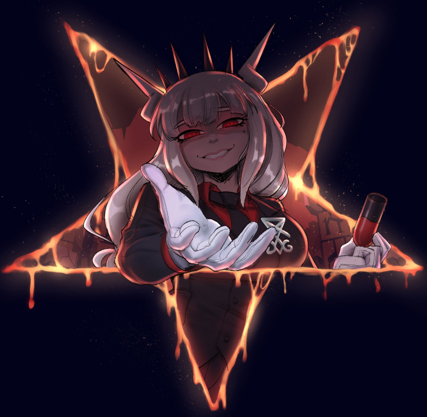 1girl, black_background, black_necktie, breasts, collared_shirt, cup, demon_girl, demon_horns