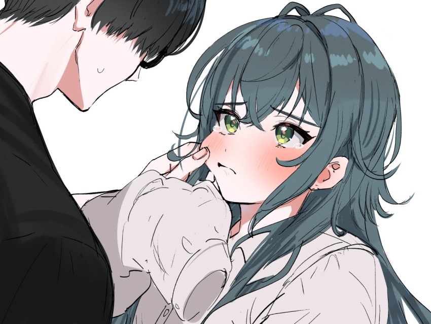 1boy, 1girl, antenna_hair, black-framed_eyewear, black_hair, blush, borrowed_clothes, cheek_pinching