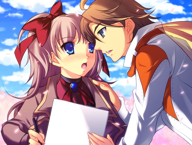 1girl, ahoge, arnaud_g_vasquez, blue_eyes, brown_hair, cherry_blossoms, choker, cloud