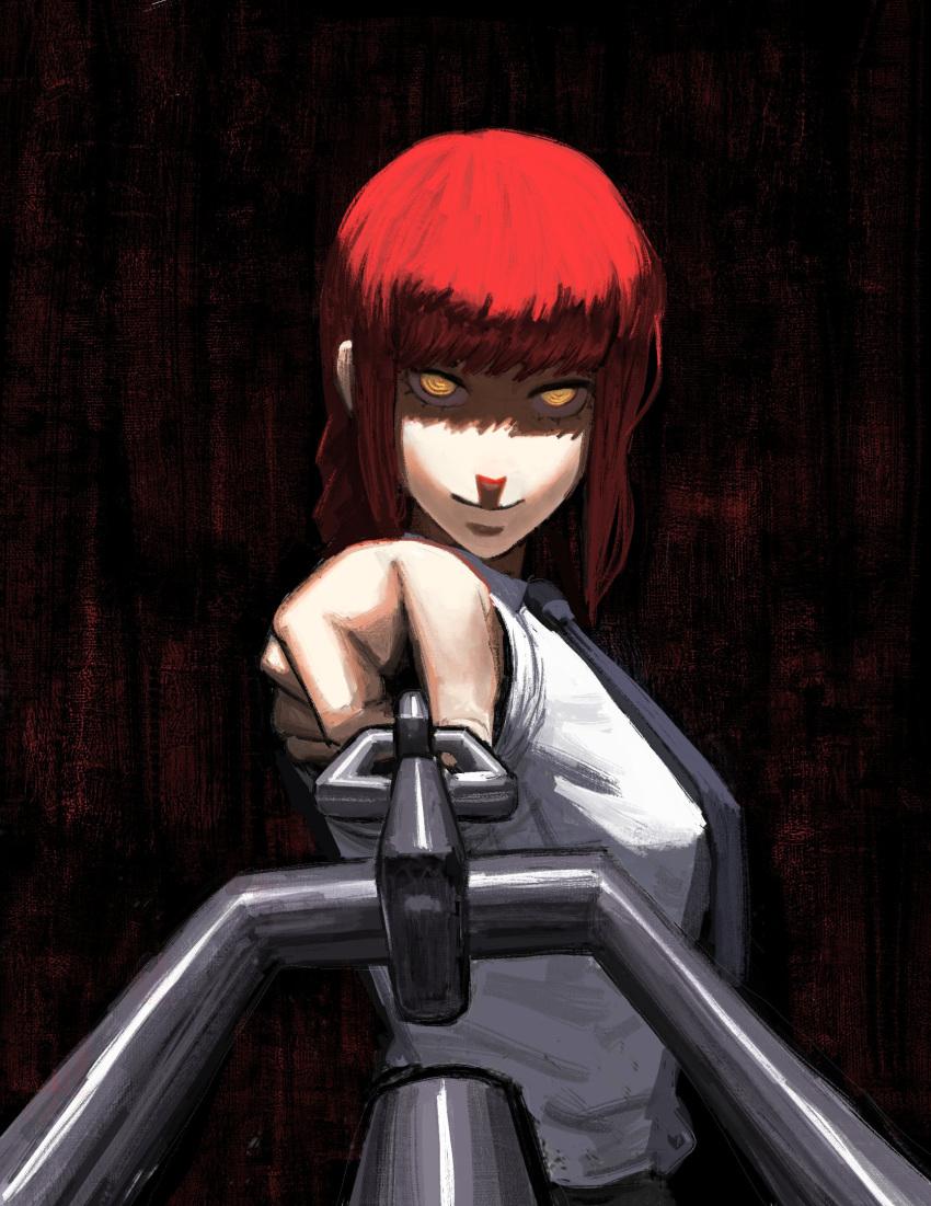 1girl, black_necktie, chain, chainsaw_man, closed_mouth, formal_clothes, highres, long_hair