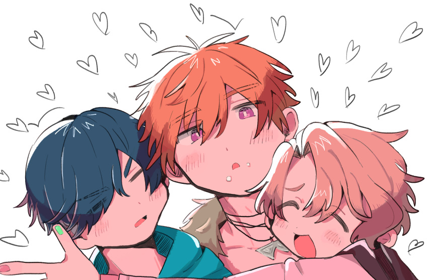 3boys, ^_^, asmodeus_(obey_me!), beelzebub_(obey_me!), belphegor_(obey_me!), blue_hair, blush, closed_eyes