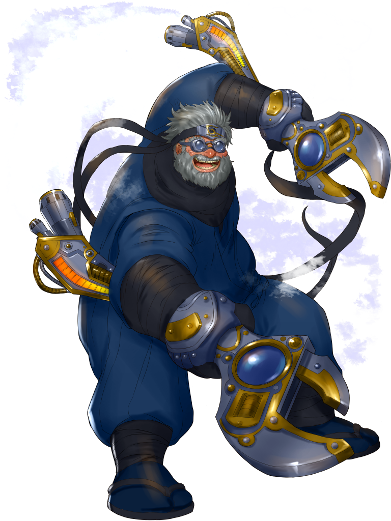 1boy, :d, beard, black_headband, blue_socks, dairoku_ryouhei, dual_wielding, facial_hair