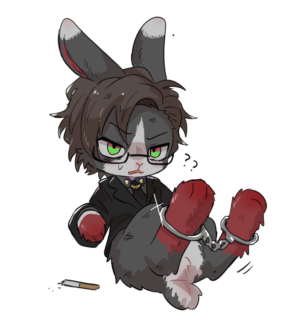 1boy, ?, ??, animalization, black_fur, brown_hair, cigarette, collared_shirt