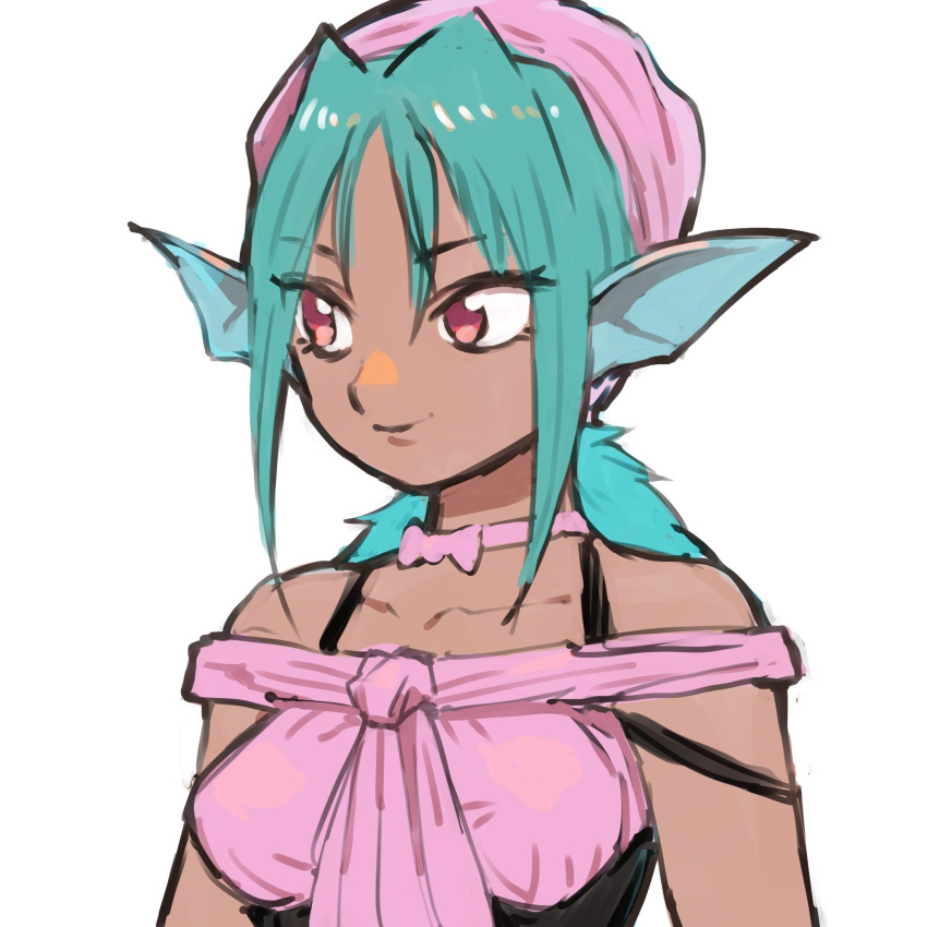 1girl, bandana, bare_shoulders, blue_hair, choker, closed_mouth, collarbone, dark-skinned_female, dark_skin, fins, gan2, head_fins, highres, juri_(yu_yu_hakusho), long_hair, low_ponytail, no_lipstick, pink_bandana, pink_choker, ponytail, red_eyes, simple_background, smile, solo, upper_body, white_background, yu_yu_hakusho