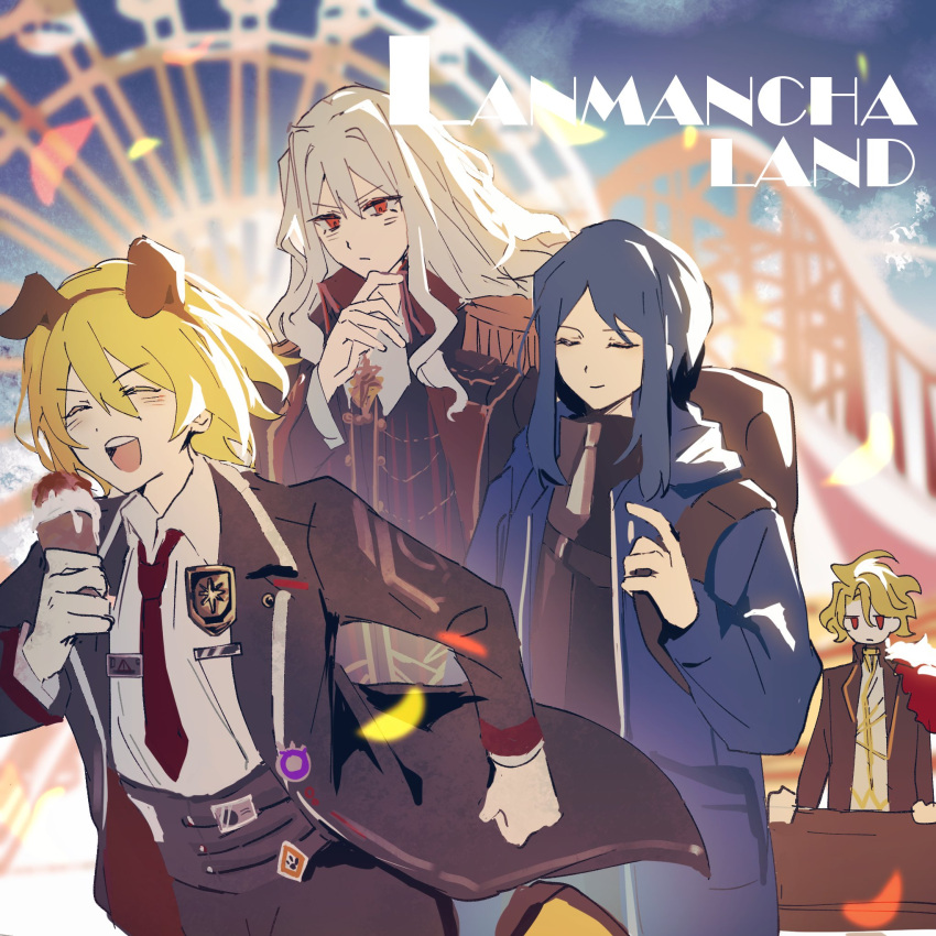 1boy, 3girls, :d, ^_^, bari_(project_moon), black_jacket, blonde_hair, blue_hair
