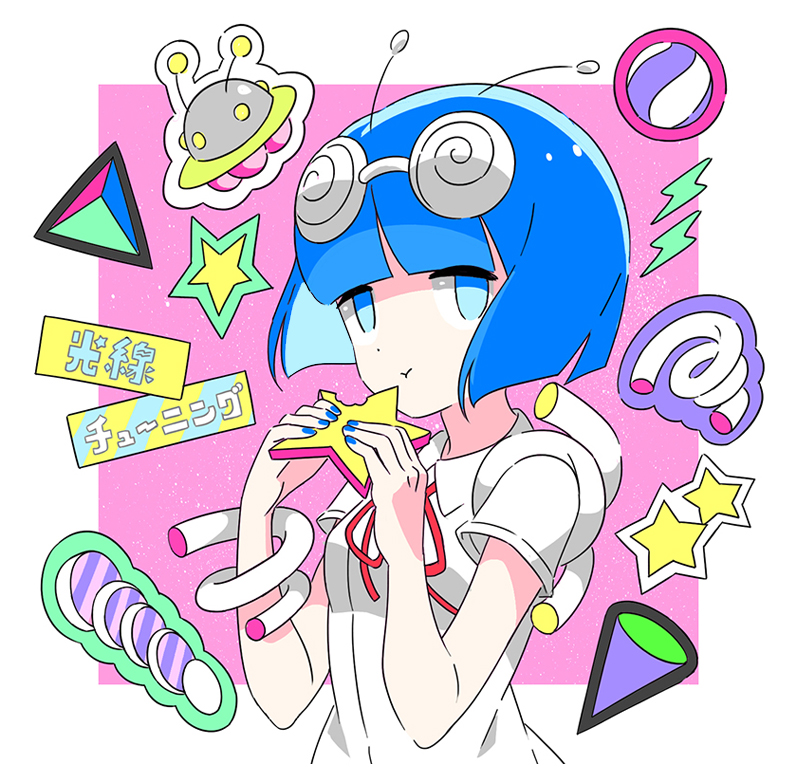 1girl, :t, antennae, blue_eyes, blue_hair, blue_nails, blunt_bangs, blunt_ends