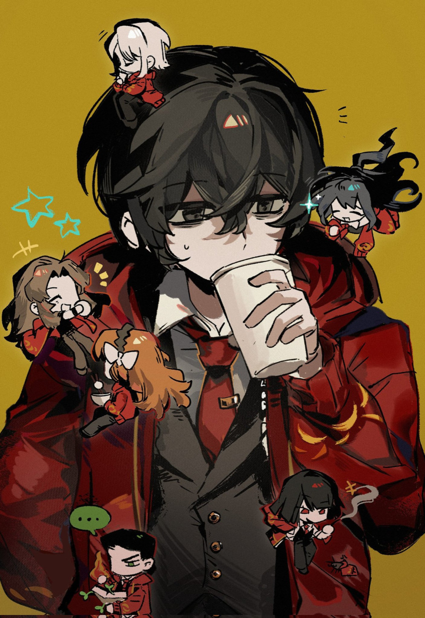 3boys, 4girls, black_eyes, black_hair, black_vest, brown_hair, chibi, collared_shirt, commentary, covered_mouth, cup, drinking, faust_(project_moon), hair_between_eyes, highres, holding, holding_cup, hong_lu_(project_moon), ishmael_(project_moon), jacket, limbus_company, liu_association_(identity)_(project_moon), long_hair, male_focus, meursault_(project_moon), multiple_boys, multiple_girls, necktie, orange_hair, project_moon, red_jacket, red_necktie, rodion_(project_moon), ryoshu_(project_moon), shirt, short_hair, simple_background, solo_focus, sweatdrop, symbol-only_commentary, vest, waistcoat, white_hair, white_shirt, yellow_background, yi_sang_(project_moon), ziv_(ziw1004)