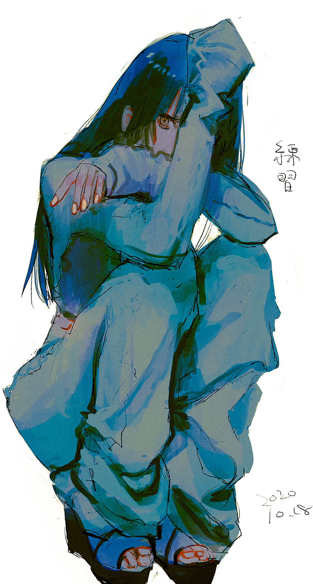 1girl, 2020, baggy_pants, byakugun, commentary, dated, green_hair, highres