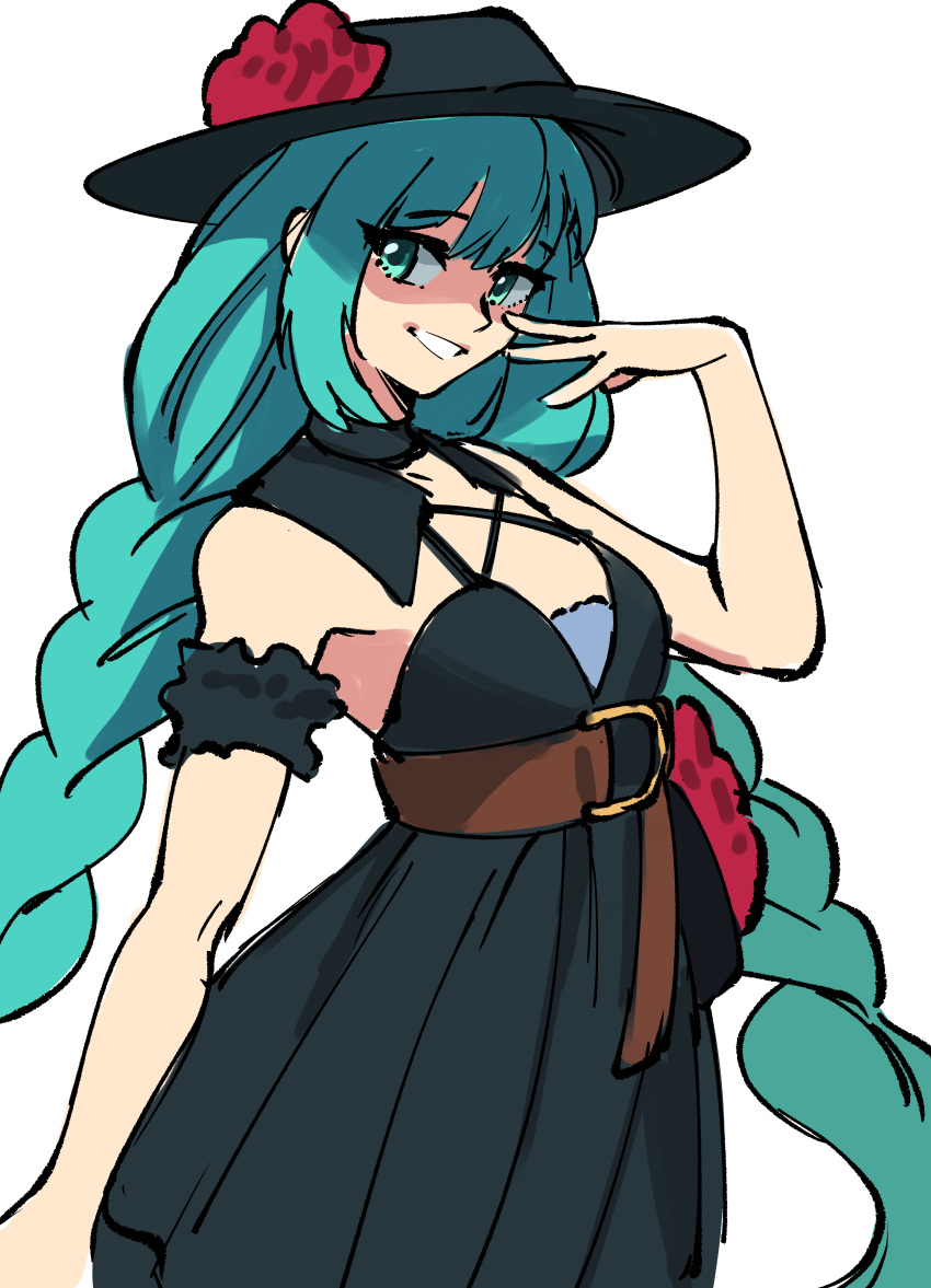 1girl, absurdres, black_dress, black_hat, blue_eyes, blue_hair, braided_twintails, breasts, commentary, cowboy_shot, cross-laced_clothes, cross-laced_dress, dress, english_commentary, flower, grin, hamatsu, hat, hat_flower, hatsune_miku, highres, long_hair, looking_at_viewer, medium_breasts, red_flower, simple_background, smile, solo, twin_braids, twintails, very_long_hair, vocaloid, white_background