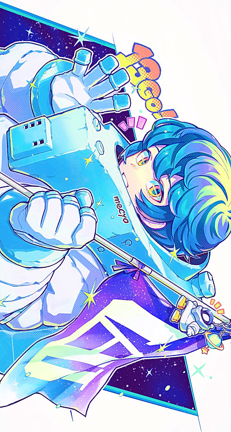 1girl, :d, artist_name, blue_hair, boku_no_hero_academia, character_charm, charm_(object), commentary, flag, gloves, grin, hands_up, highres, holding, holding_flag, looking_at_viewer, mecyo_(mamezurushiki), notice_lines, open_hand, orange_eyes, salute, short_hair, sideways, smile, solo, space, spacesuit, sparkle, star_(symbol), symbol-only_commentary, teeth, thirteen_(boku_no_hero_academia), three_quarter_view, upper_body, white_background