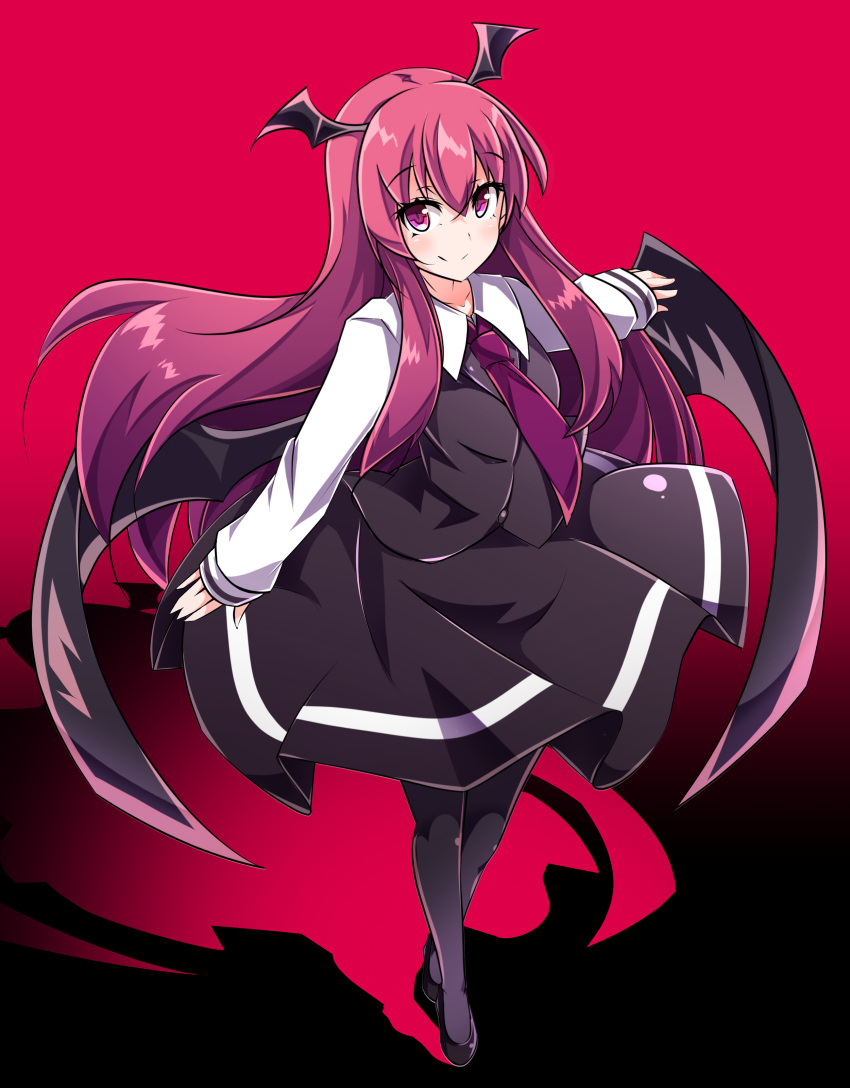 1girl, absurdres, black_background, black_pantyhose, black_shoes, black_skirt, black_vest, black_wings