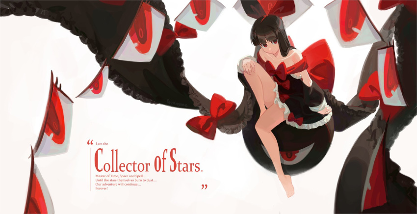 1girl, anniversary, araiyme, bare_legs, bare_shoulders, barefoot, black_bow, black_dress, black_hair, black_sleeves, blunt_bangs, bow, closed_mouth, collarbone, detached_sleeves, disembodied_eye, dress, dress_bow, english_commentary, english_text, frilled_dress, frills, from_above, hair_bow, hand_on_own_knee, highres, hime_cut, knee_up, large_bow, long_hair, looking_at_viewer, maiden_and_spell, red_bow, red_eyes, ribbon, royal_arcanist, sitting, sleeveless, sleeveless_dress, solo, strapless, strapless_dress, three_quarter_view, two-tone_bow, white_background