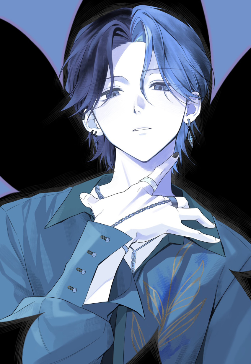 1boy, aoyagi_touya, black_nails, blue_eyes, blue_hair, chain, collared_shirt, ear_piercing