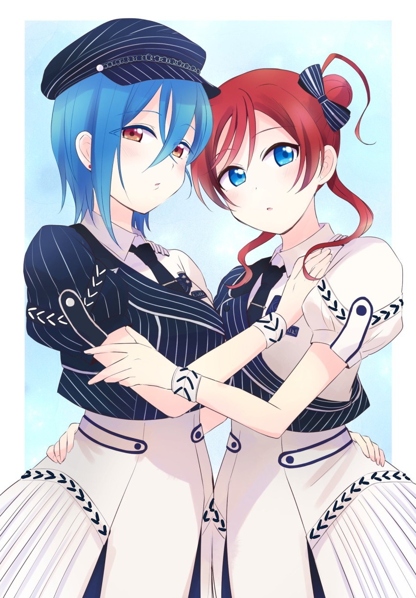 2girls, black_hat, black_necktie, blue_eyes, blue_hair, border, breasts, collared_shirt