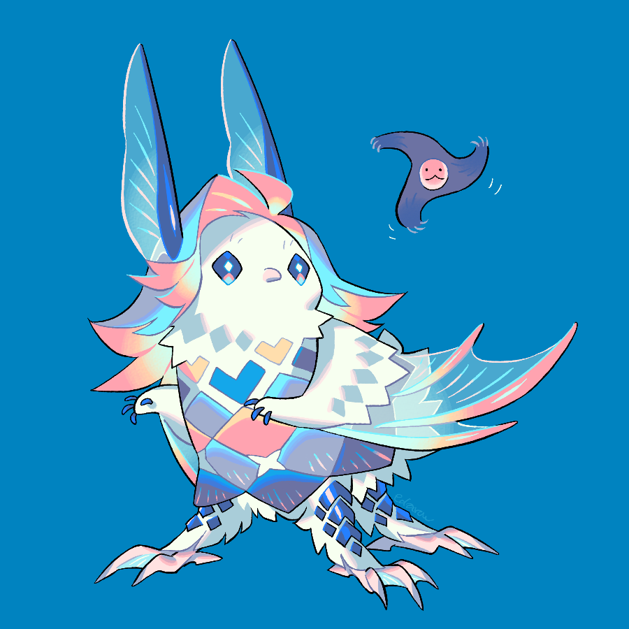 amabie, blue_background, blue_hair, colored_inner_hair, creature, eda, full_body, multicolored_hair