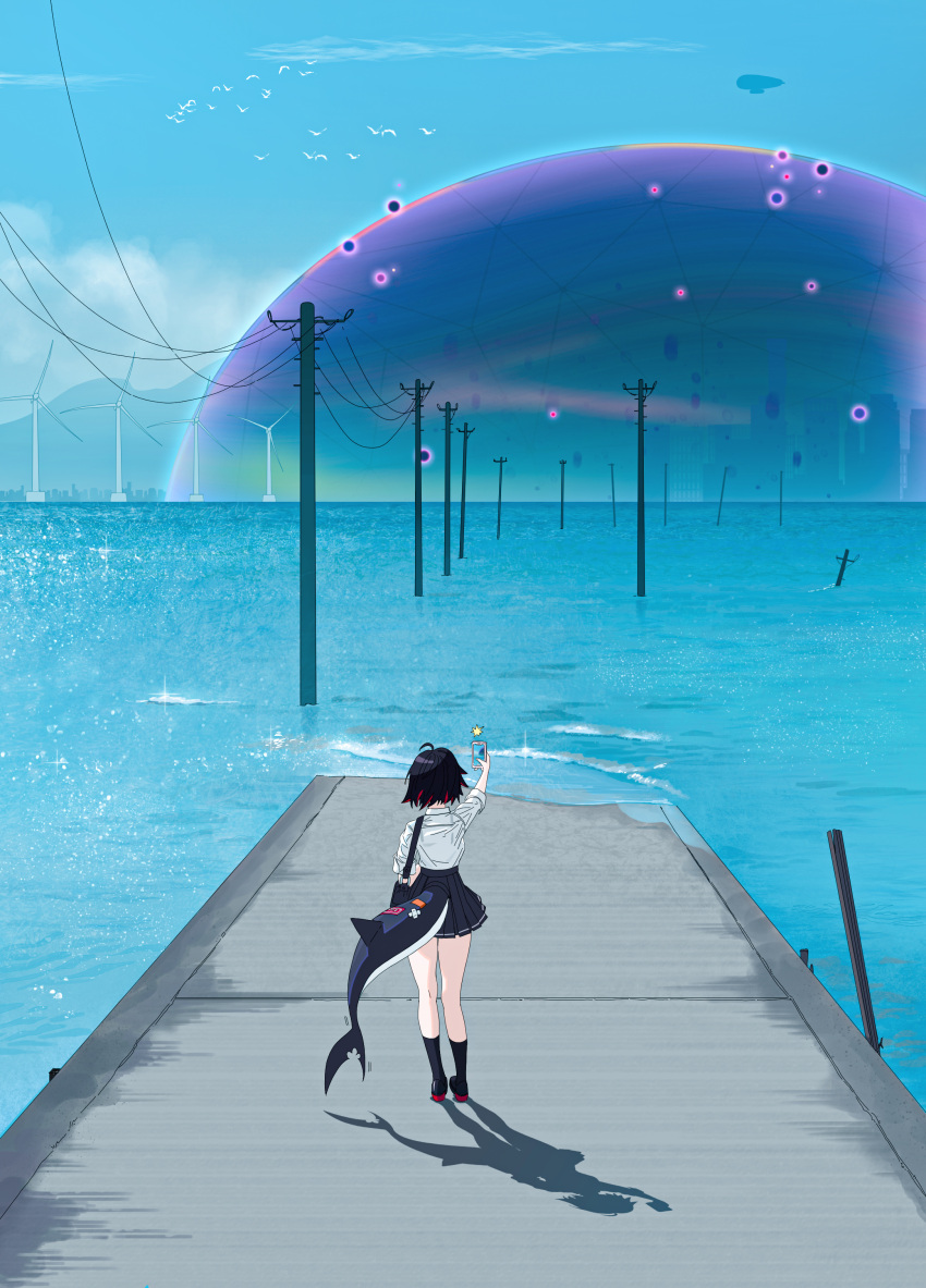 1girl, absurdres, black_hair, black_shoes, black_skirt, black_socks, blue_sky, cellphone