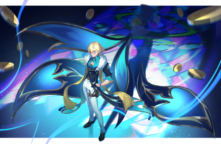 1boy, absurdres, aventurine_(boss)_(honkai:_star_rail), aventurine_(honkai:_star_rail), black_jacket, blonde_hair, coin, crossed_bangs