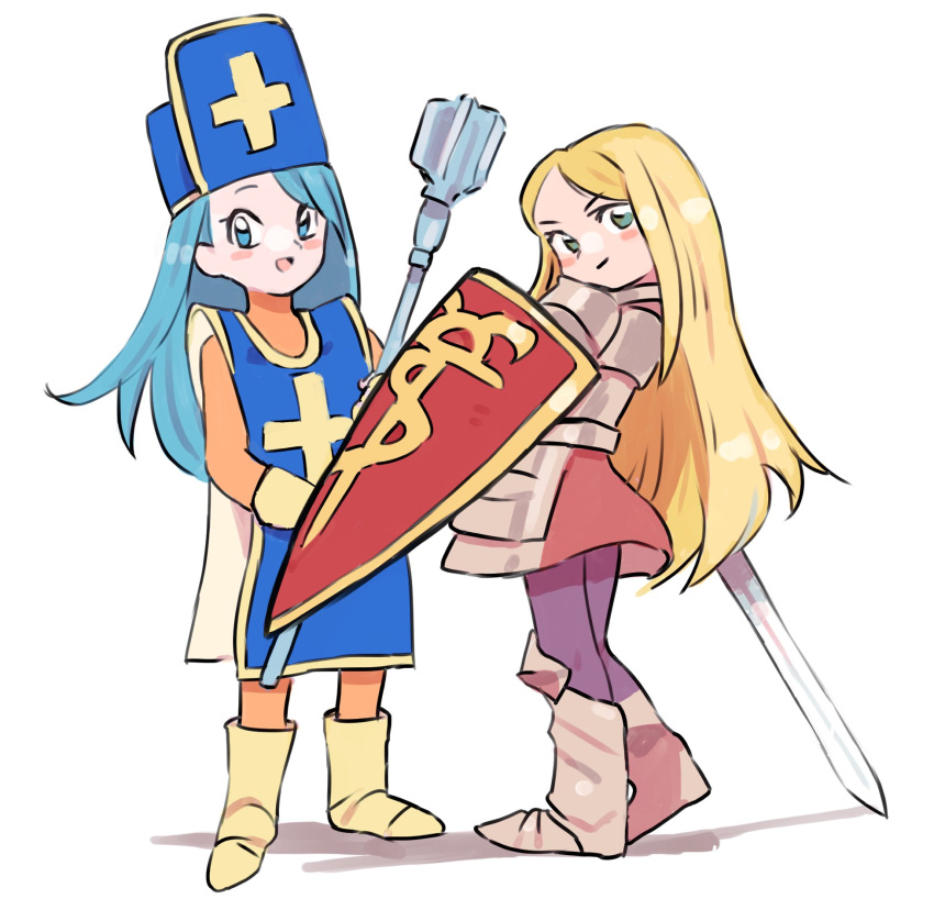 2girls, :d, armor, armored_boots, blonde_hair, blue_eyes, blue_hair, blue_hat, blue_tabard, bodysuit, boots, closed_mouth, cross, cross_print, crossover, dragon_quest, dragon_quest_iii, gan2, gloves, hat, heel_up, highres, holding, holding_mace, holding_weapon, legs_apart, long_hair, mace, mitre, multiple_girls, open_mouth, orange_bodysuit, paladin_(sekaiju), paladin_2_(sekaiju), pantyhose, priest_(dq3), purple_pantyhose, sekaiju_no_meikyuu, sekaiju_no_meikyuu_1, shadow, shield, simple_background, smile, standing, sword, tabard, very_long_hair, weapon, white_background, yellow_boots, yellow_gloves