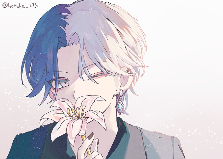 1boy, aoyagi_touya, black_nails, blue_hair, commentary_request, covered_mouth, ear_piercing, earrings